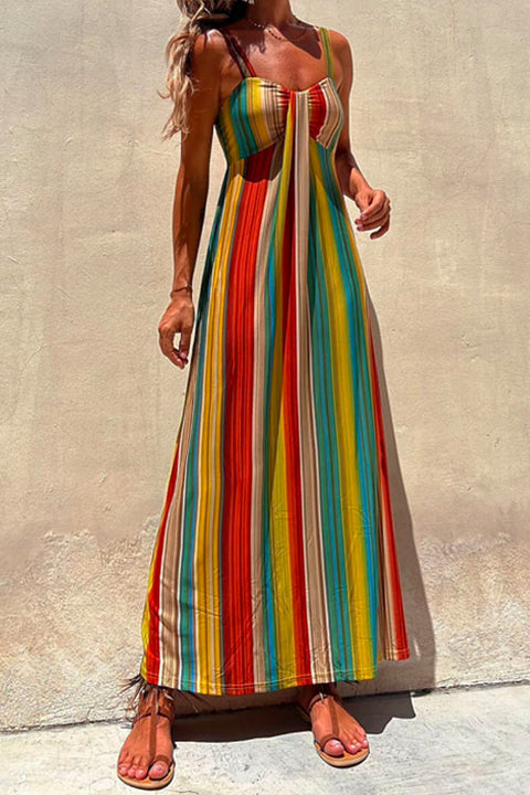 Spaghetti Strap Sleeveless Bow Design Colorful Striped Maxi Vacation Dress