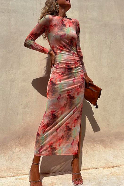 Chicest Long Sleeve Ruched Side Slit Tie Dye Maxi Dress