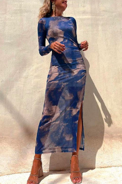 Chic Long Sleeve Ruched Side Slit Tie Dye Maxi Dress