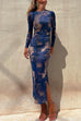 Chicest Long Sleeve Ruched Side Slit Tie Dye Maxi Dress