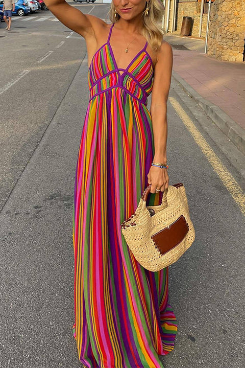 Febedress V Neck Backless Rainbow Stripes Cami Maxi Holiday Dress