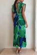 Febedress V Neck Waisted Back Cut Out Printed Maxi Pleated Dress