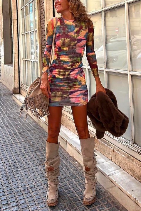 Chicest Long Sleeves Printed Stretch Mini Dress