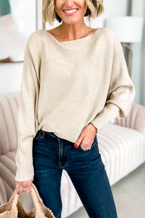 Febedress Boat Neck Batwing Sleeves Ribbed Knit Sweater