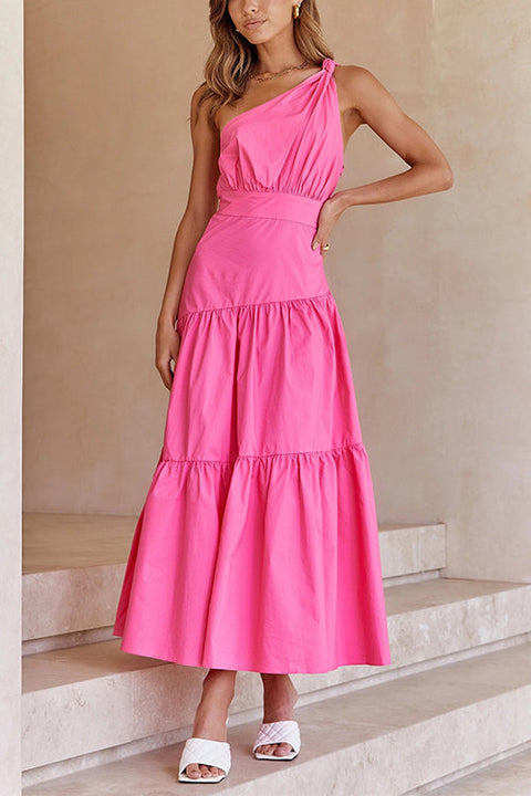 (4 Colors)Febedress One Shoulder High Waist Tiered Maxi Dress