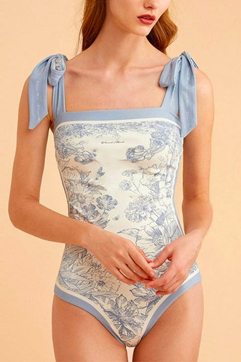 Febedress Bow Shoulder Floral Print One-piece Swimsuit