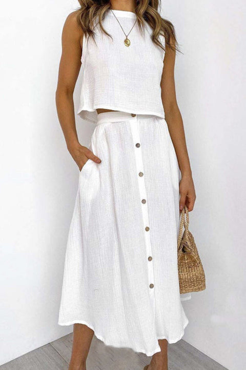 Febedress Sleeveless Crop Top and Button Down Skirt Cotton Linen Two Pieces
