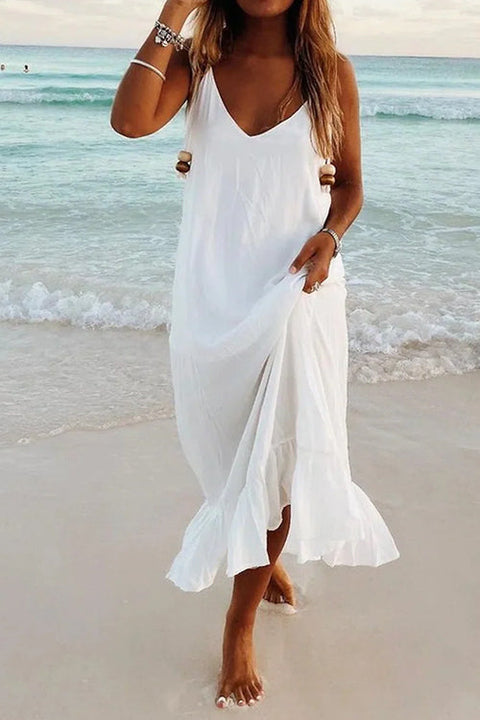 Febedress V Neck Ruffle Solid Cami Beach Dress