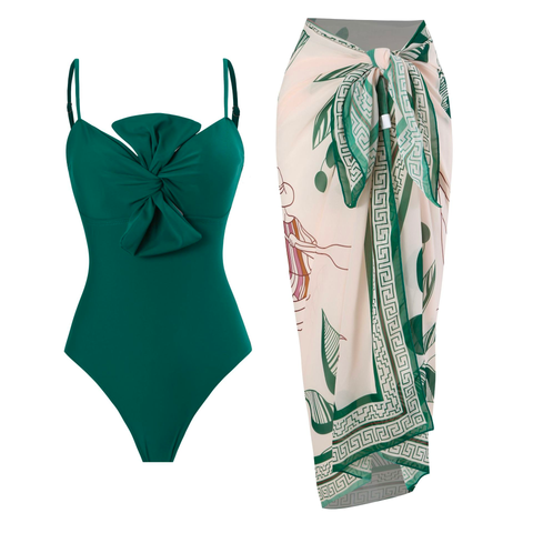 Febedress Bow Front One-piece Swimsuit and Printed Wrap Cover Up Skirt Set