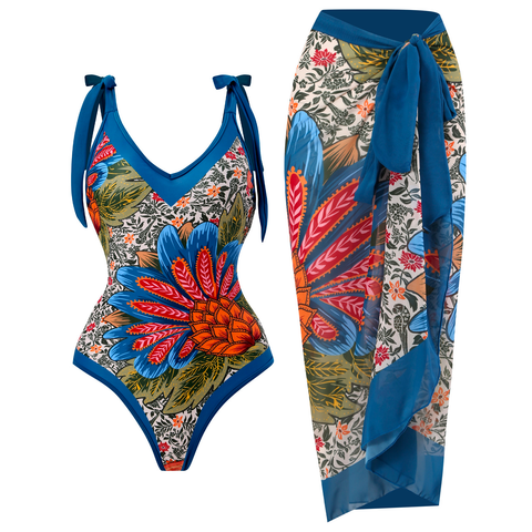 Febedress V Neck Bow Shoulder One-piece Swimwear and Wrap Cover Up Skirt Printed Set