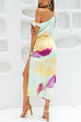 Asymmetric Shoulder Waisted Tie Dye Slit Maxi Dress