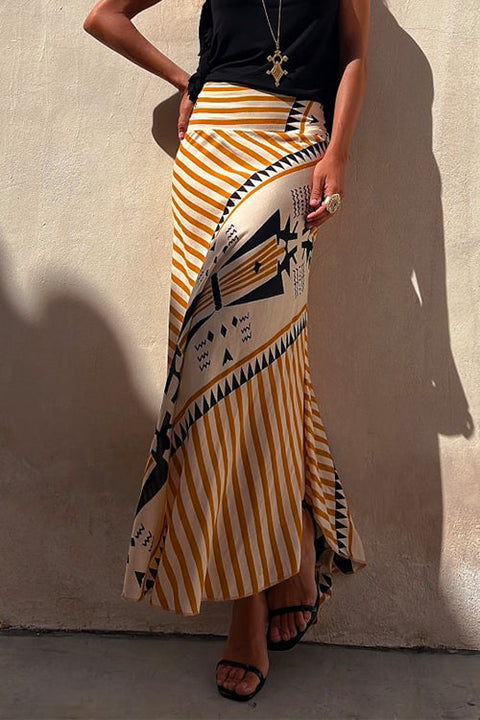 Febedress High Waist Stripes Splice Printed Maxi Irregular Skirt