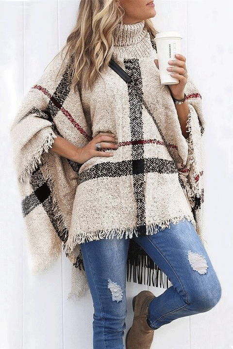 Febedress Tassel Color Block Classic Cloak Poncho Sweater