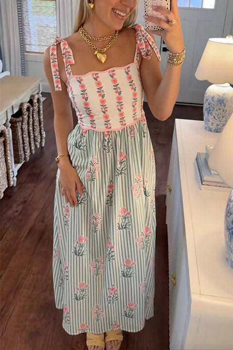 Febedress Tie Shoulder Back Lace-up Striped Floral Maxi Cami Dress
