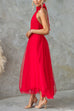 Febedress Bow Knot Halter Open Back Tulle Maxi Dress