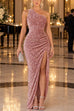 Febedress One Shoulder Ruched Sequin Velvet High Slit Maxi Dress (A)