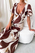 V Neck Puff Short Sleeves Printed Maxi Dress
