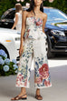 Febedress Floral Print Strapless Ruffle Tube Top and Smocked Waist Wide Leg Pants