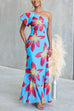 One Shoulder Puff Short Sleeve Floral Print Maxi Dress