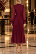 Febedress Mock Neck Sheer Sleeve Pleated Ruffle High-Low Midi Dress (E)