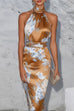 Mockneck Sleeveless Floral Print Satin Midi Dress
