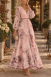 Febedress V Neck Lantern Long Sleeves Floral Print Pleated Maxi Dress (B)