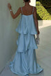 Febedress Adjustable Strap Ruffle Layered Satin Maxi Dress