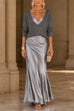 Febedress V Neck Drop Shoulder Sweater and Satin Maxi Cami Dress Set (C)