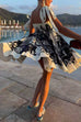Febedress Bow Shoulder Sleeveless High Waist Floral Print Mini Dress