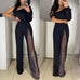 Febedress Stylish One Shoulder Slit Long Sleeve Mesh Splice Wide Leg Jumpsuit