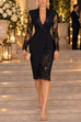 Febedress V Neck Long Sleeves Back Slit Lace Patchwork Bodycon Dress