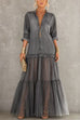 Febedress Lapel Long Sleeves Organza Splice Ruffle Denim Maxi Dress