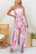 Strapless Floral Print Tie Waist Split Wide Leg Jumpsuit