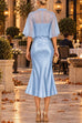 Febedress Mock Neck Chiffon Cape Overlay Satin Midi Dress Set (B)