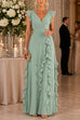 Febedress V Neck High Waist Solid Ruffle Maxi Dress