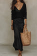 Febedress V Neck Drop Shoulder Sweater and Satin Maxi Cami Dress Set