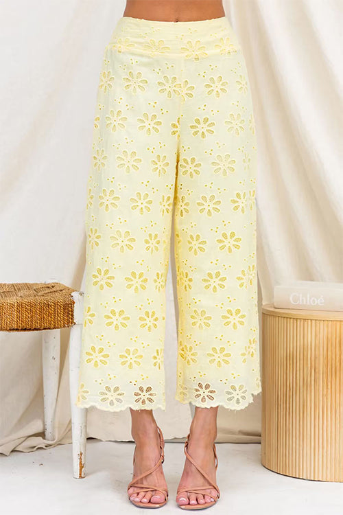 Elastic Waist Floral Lace Hollow Out Wide Leg Pants