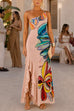 One Shoulder Sleeveless Floral Print Ruffle Slit Maxi Dress
