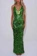 Febedress Spaghetti Strap V Neck Glitter Sequin Maxi Party Dress
