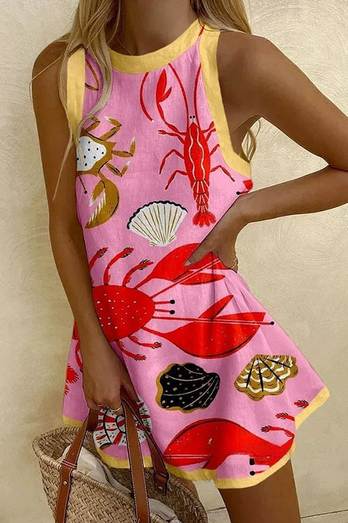 Febedress Sleeveless Marine Life Print Mini Beach Dress