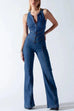 Febedress Zip Up Sleeveless Heart Back Bell Bottom Denim Jumpsuit