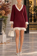 Febedress V-Neck Contrast Trim Fringe Knit Sweater Dress (B)