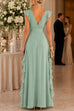 Febedress V Neck High Waist Solid Ruffle Maxi Dress