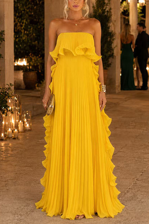 Febedress Elegant Strapless Tube Ruffle Pleated Maxi Dress