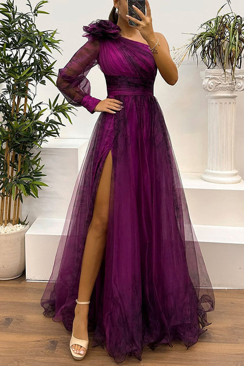 Febedress One Shoulder Long Sleeve High Waist Printed Mesh Slit Maxi Dress