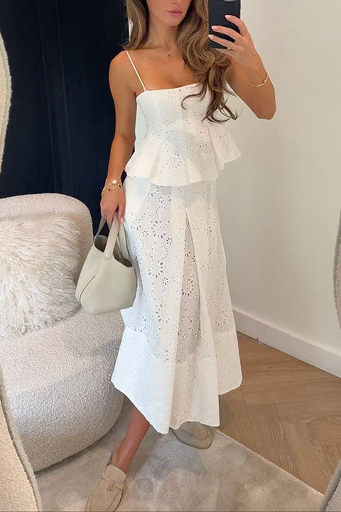 Febedress Lace Hollow Out Ruffle Cami Top and A-line Midi Skirt Set