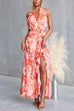 Halter V Neck Backless Floral Print Ruffle Slit Maxi Dress