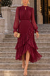 Febedress Mock Neck Sheer Sleeve Pleated Ruffle High-Low Midi Dress (E)