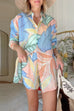 Febedress Unique Print Long Sleeves Button Up Shirt and Pocketed Shorts Linen Set