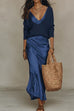 Febedress V Neck Drop Shoulder Sweater and Satin Maxi Cami Dress Set